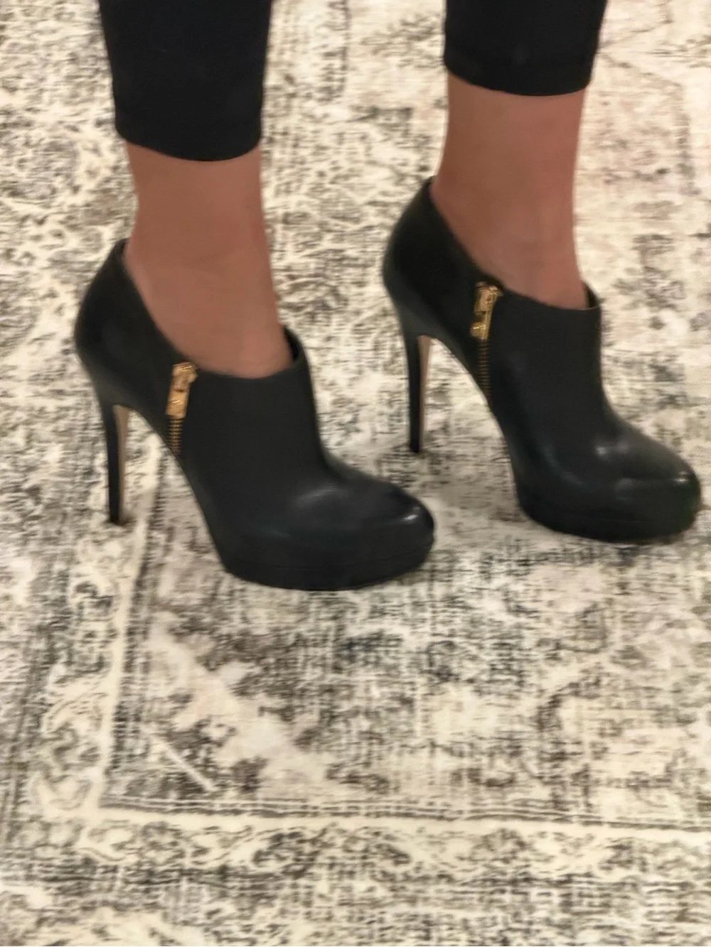 Michael Kors Women's Black Leather High Heel Booties with Gold Zipper